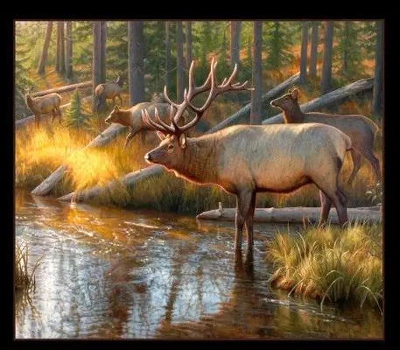 Elk Fabric Panel 23"x43", 9204E-BLACK by Elizabeth Studios, Elk Quilt Wall Hanging Runner Mountains