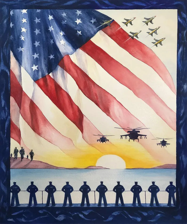 Coming Home Patriotic Fabric Panel 35"x44",PD14435R-PANEL fabric by Riley Blake, American Flag background