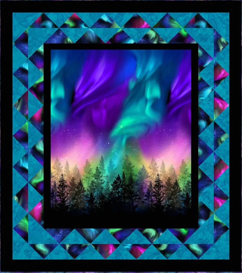 Quilt Kit 58 1/2"x66", Aurora Polaris Forest Quilt Kit using Aurora fabrics from Timeless Treasures, Northern Lights Sky Gift Bed Quilt
