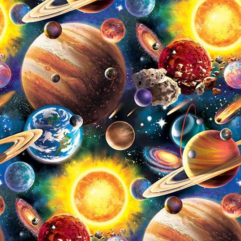 Solar System Fabric 1/2 Yard, 21507-MLT David Textiles, Galaxy Solar Gift Quilt Stars Planets Outer Space