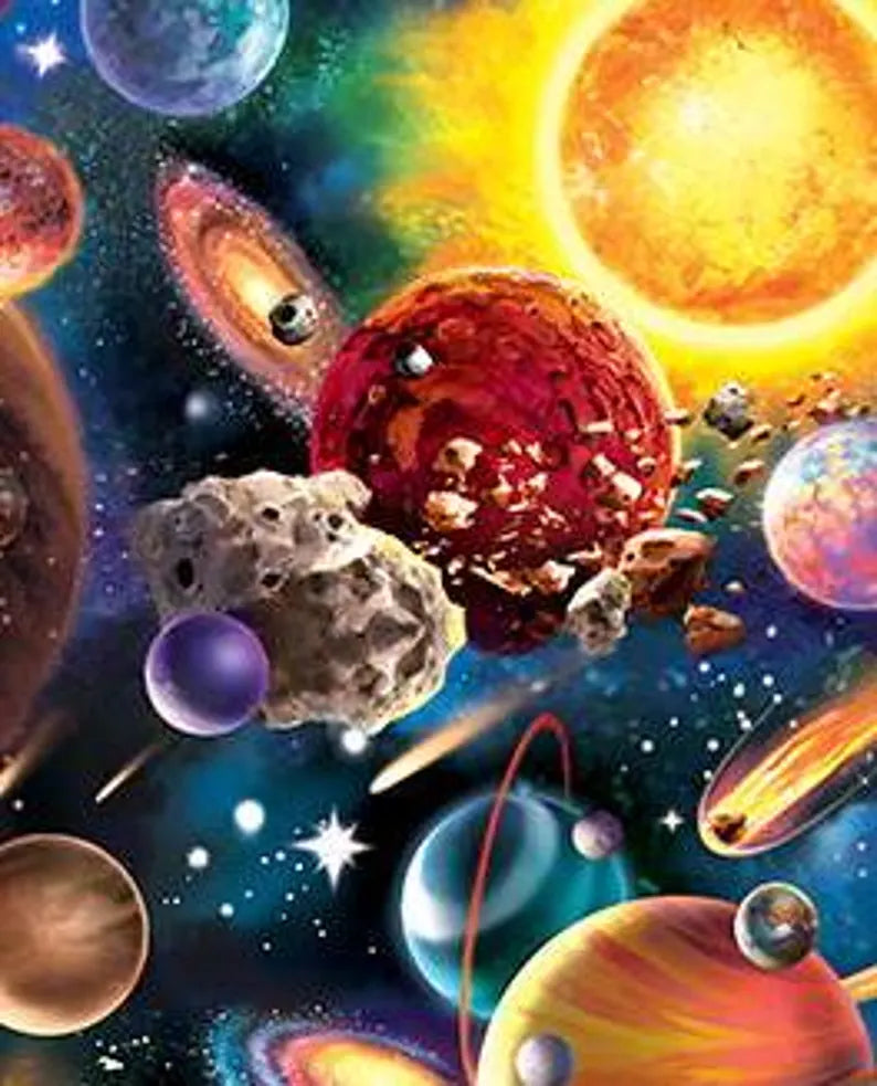 Solar System Fabric 1/2 Yard, 21507-MLT David Textiles, Galaxy Solar Gift Quilt Stars Planets Outer Space