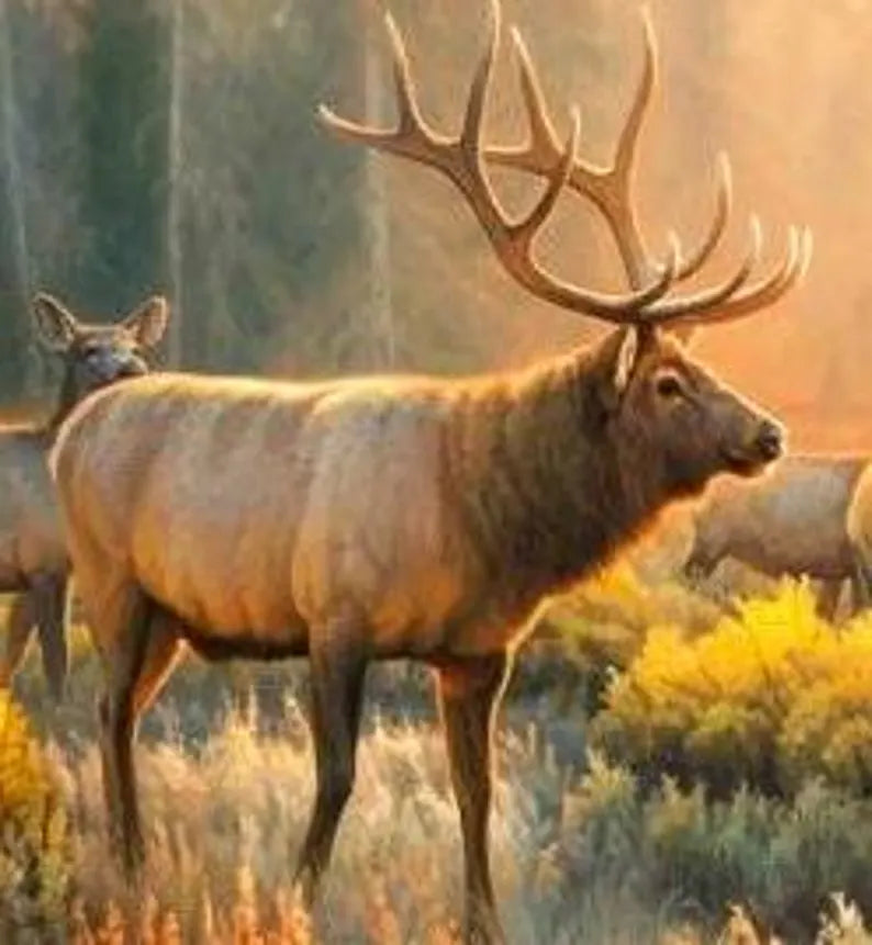 Elk Fabric Panel 23"x43", 9204E-BLACK by Elizabeth Studios, Elk Quilt Wall Hanging Runner Mountains