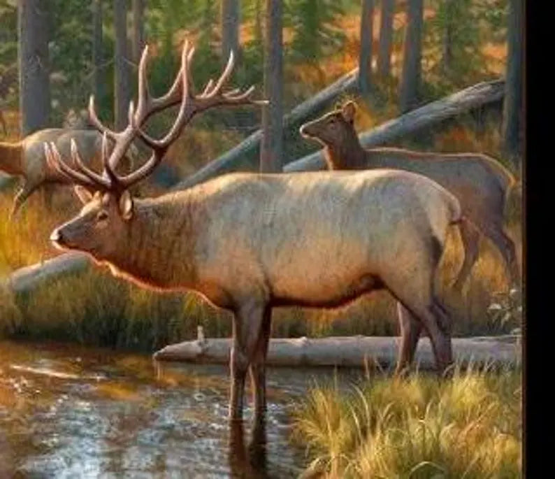 Elk Fabric Panel 23"x43", 9204E-BLACK by Elizabeth Studios, Elk Quilt Wall Hanging Runner Mountains