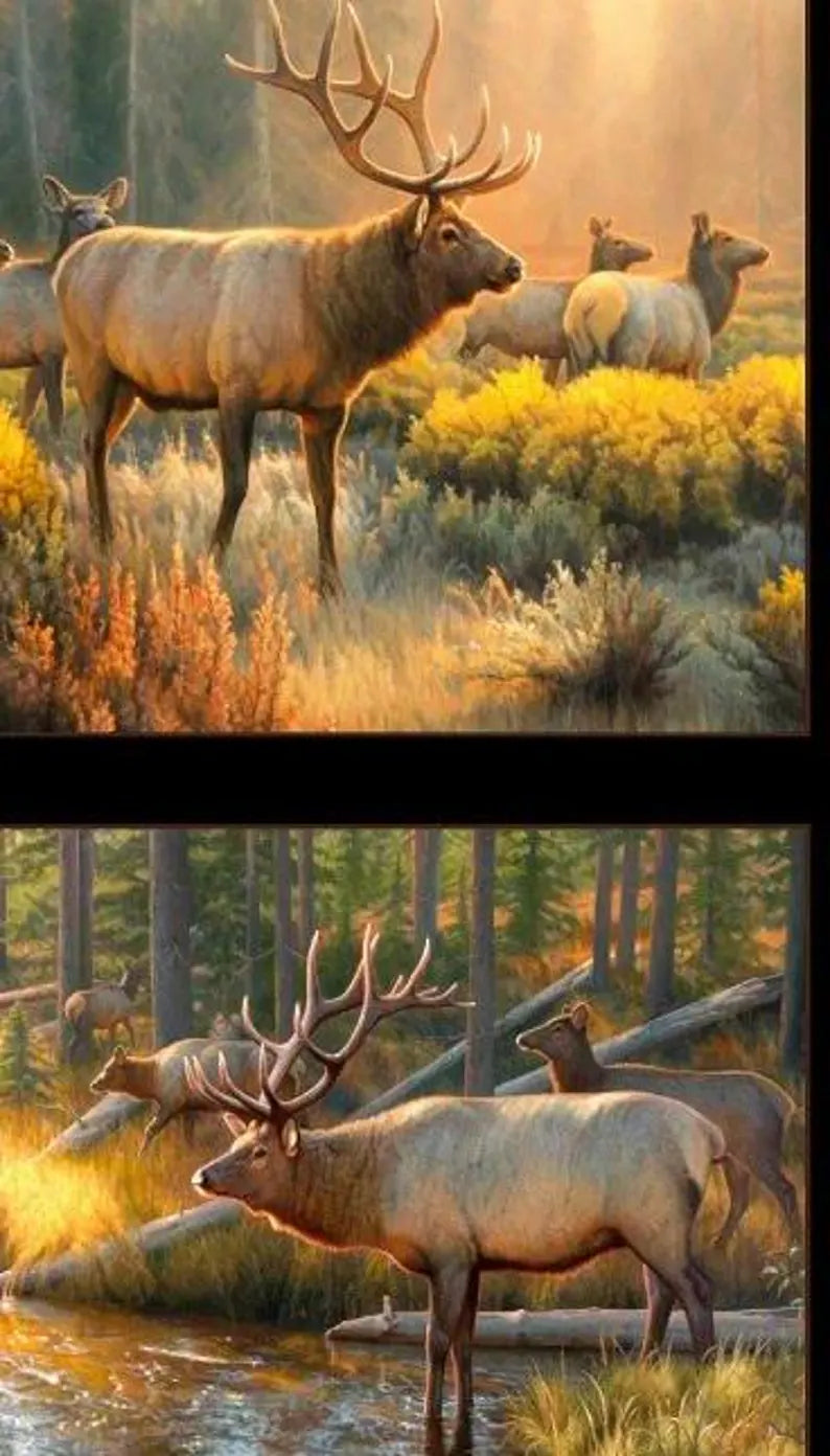 Elk Fabric Panel 23"x43", 9204E-BLACK by Elizabeth Studios, Elk Quilt Wall Hanging Runner Mountains
