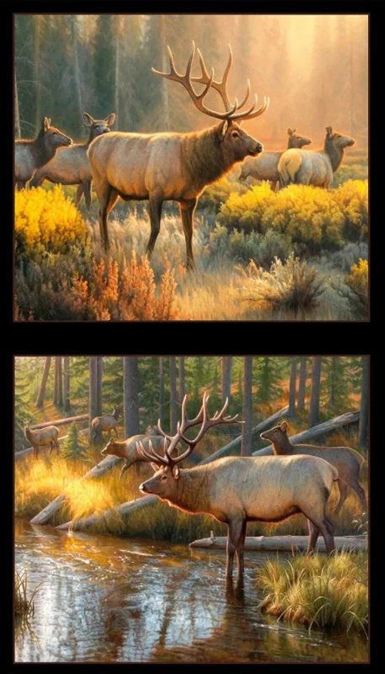 Elk Fabric Panel 23"x43", 9204E-BLACK by Elizabeth Studios, Elk Quilt Wall Hanging Runner Mountains