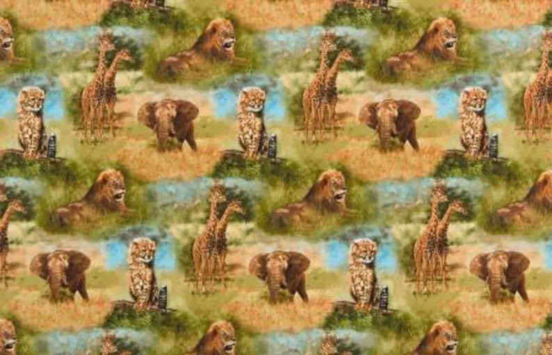 African Animals 1/2 Yard, Nature ADV-16300-286 Wild by Robert Kaufman, Safari Bed Quilt Giraffe Elephant Leopard Lion
