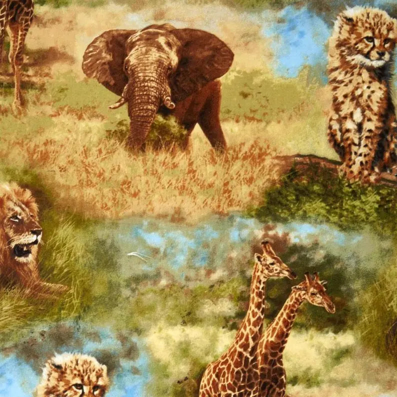 African Animals 1/2 Yard, Nature ADV-16300-286 Wild by Robert Kaufman, Safari Bed Quilt Giraffe Elephant Leopard Lion