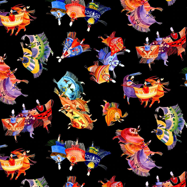 Native Spirit Shawl Dancer Fabric 1/2 Yard, 32001E-BLACK by Elizabeth's Studio, Indigenous Quilt Blanket Wall Hanging Table Runner Placemat