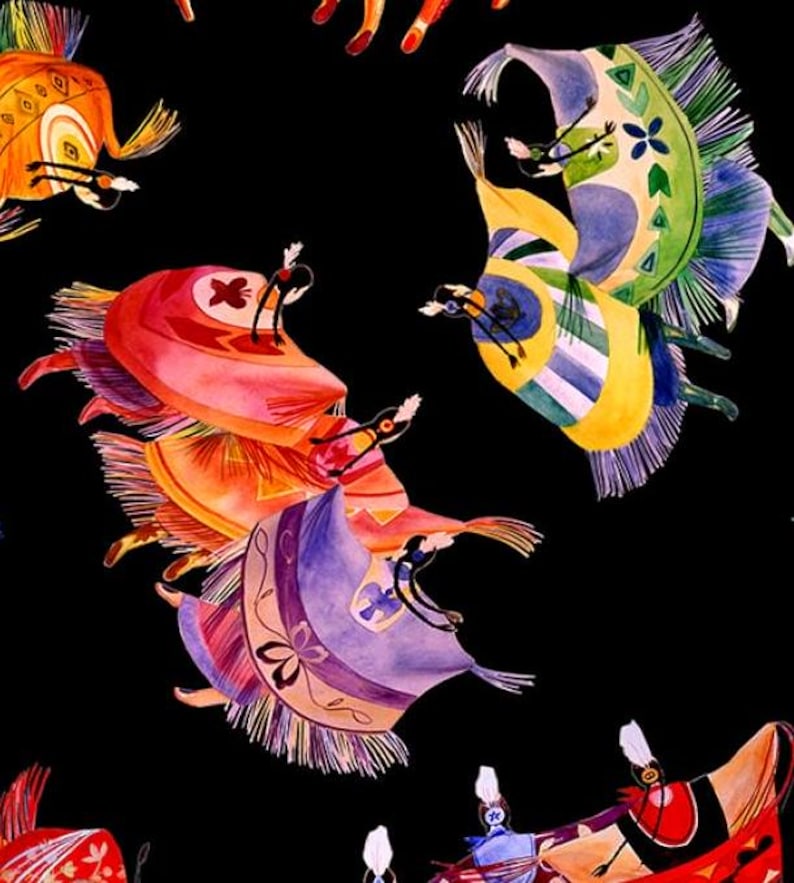 Native Spirit Shawl Dancer Fabric 1/2 Yard, 32001E-BLACK by Elizabeth's Studio, Indigenous Quilt Blanket Wall Hanging Table Runner Placemat