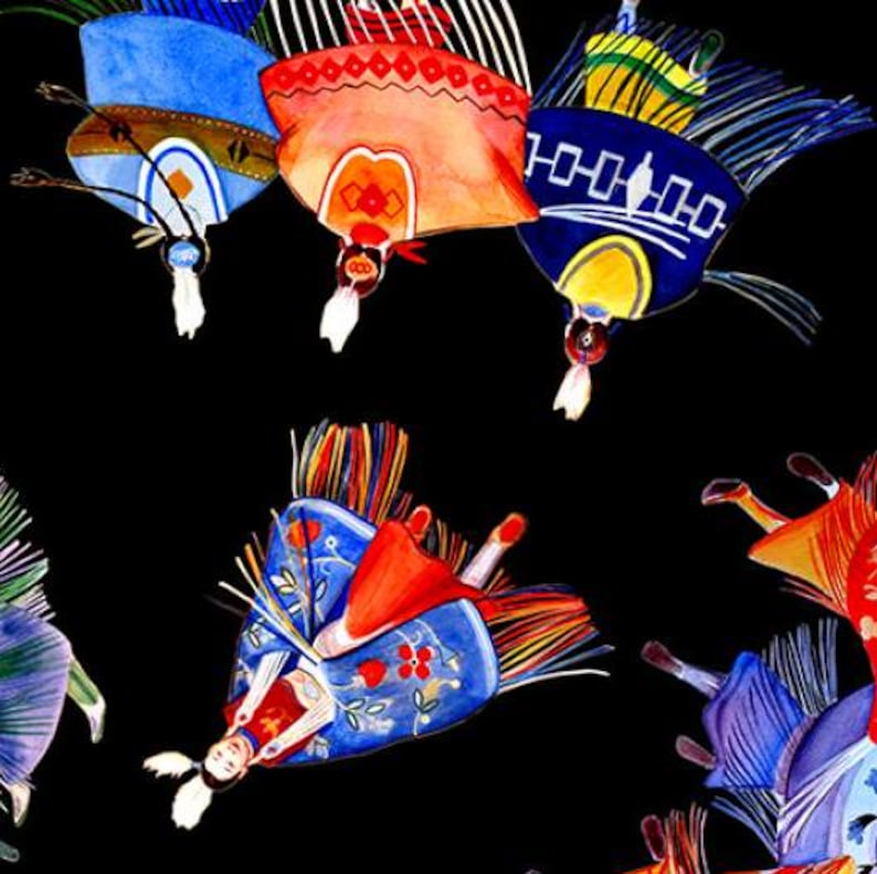 Native Spirit Shawl Dancer Fabric 1/2 Yard, 32001E-BLACK by Elizabeth's Studio, Indigenous Quilt Blanket Wall Hanging Table Runner Placemat