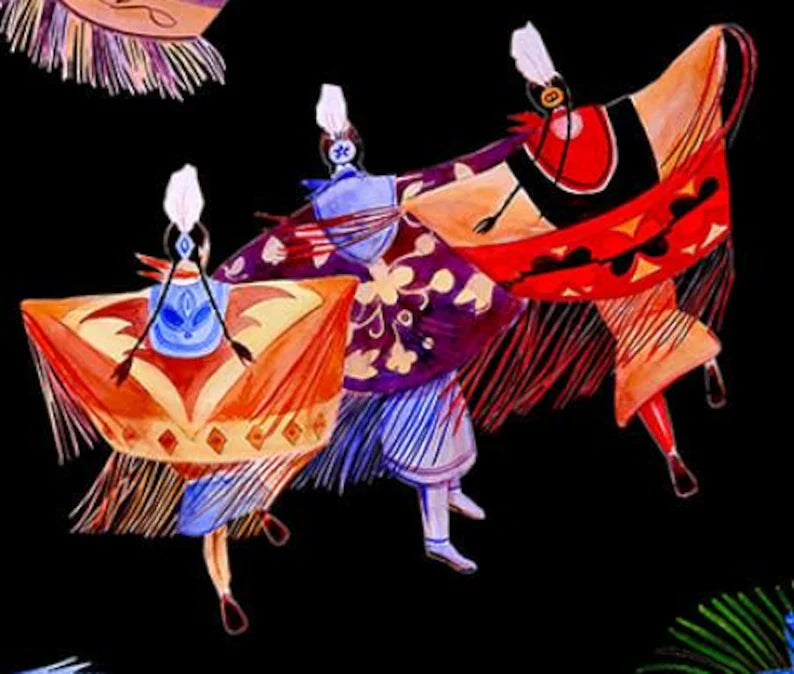 Native Spirit Shawl Dancer Fabric 1/2 Yard, 32001E-BLACK by Elizabeth's Studio, Indigenous Quilt Blanket Wall Hanging Table Runner Placemat