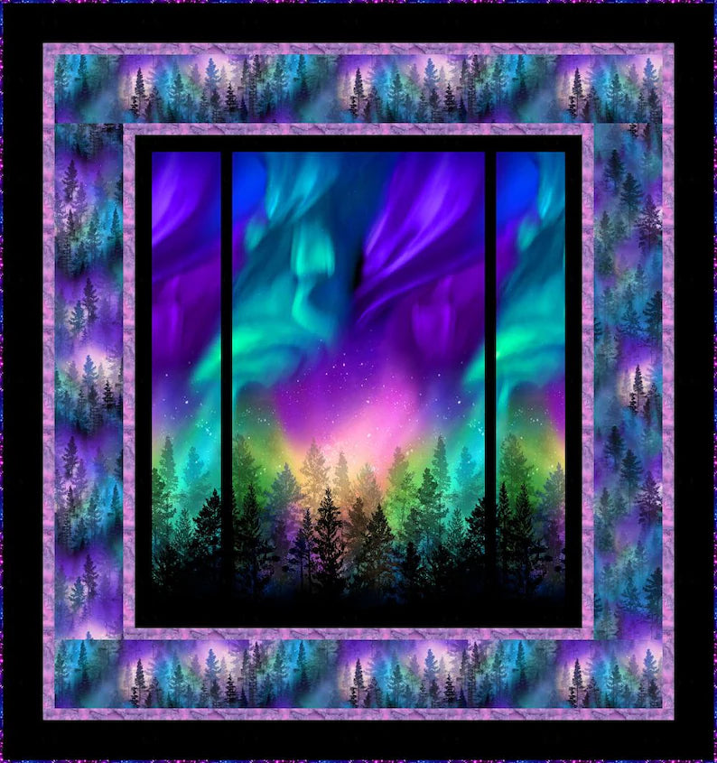Quilt Kit 62"x66", Northern Lights Forest Quilt Kit using Aurora fabrics from Timeless Treasures, Northern Lights Night Sky Gift Bed Quilt