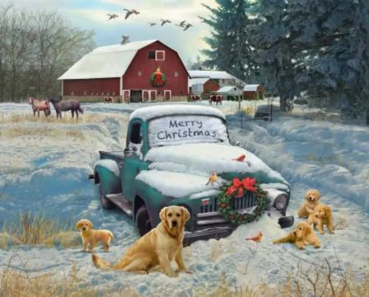 Christmas Golden Retriever Dogs with Old Blue Truck Fabric Panel 36"x43", GG00613C1 by David Textiles, Dog Farm Red Barn Gift Bed Quilt