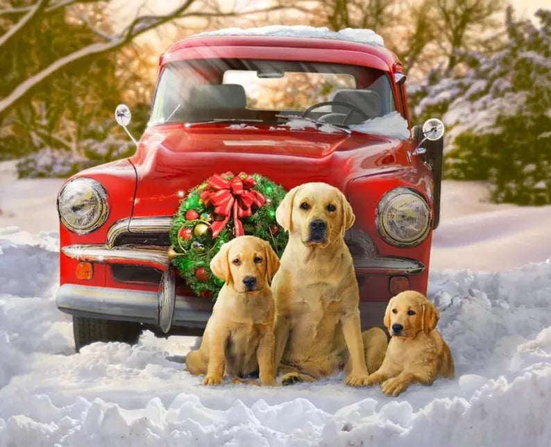 Christmas Golden Retriever Dogs with Old Red Truck Fabric Panel 36"x43", GG00613C1 by David Textiles, Dog Farm Red Barn Gift Bed Quilt