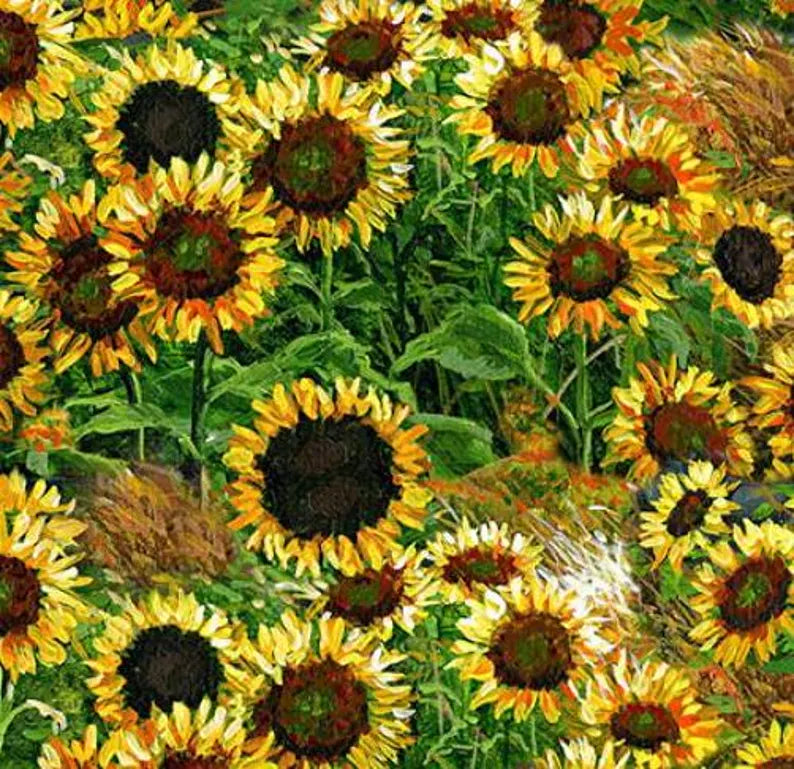 Farmall Coordinating Sunflower Fabric 1/2 yard, Golden Yellow Sunflowers, Farm Tractor Bed Quilt Wall Hanging