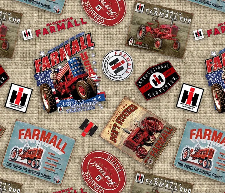 Farmall Tractor Postcard Fabric 1/2 yard, Neutral Vintage Red Tractor, Farm Tractor Bed Quilt Wall Hanging