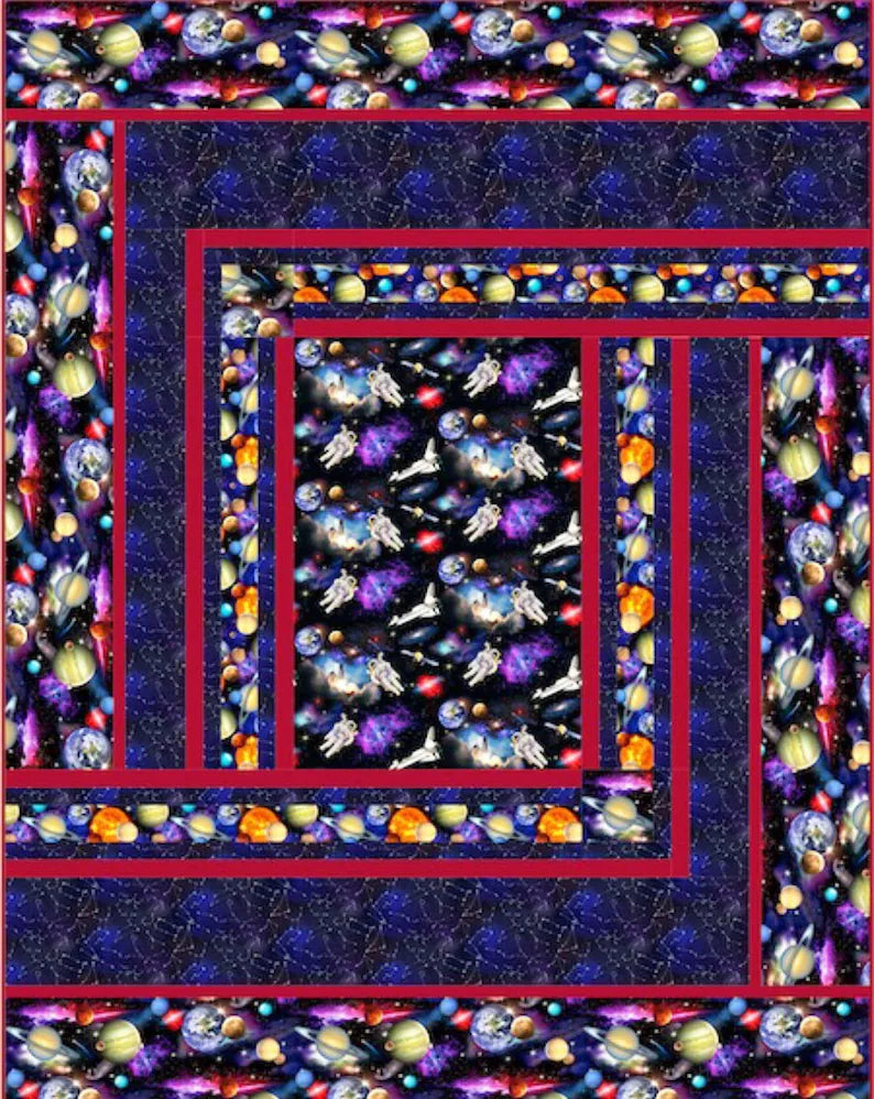 Quilt Kit 72"x92", Warp Speed using fabrics from the In Space by Elizabeth Studio Bed Quilt Planets Earth Saturn Mars Pluto Astronauts