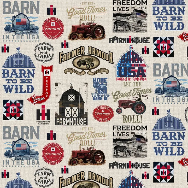 Farmall Tractor Signs Fabric 1/2 yard, Vintage Red Tractor, Farm Tractor Bed Quilt Wall Hanging