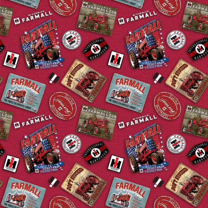 Farmall Tractor Postcard Fabric 1/2 yard, Vintage Red Tractor, Farm Tractor Bed Quilt Wall Hanging