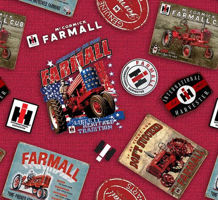 Farmall Tractor Postcard Fabric 1/2 yard, Vintage Red Tractor, Farm Tractor Bed Quilt Wall Hanging