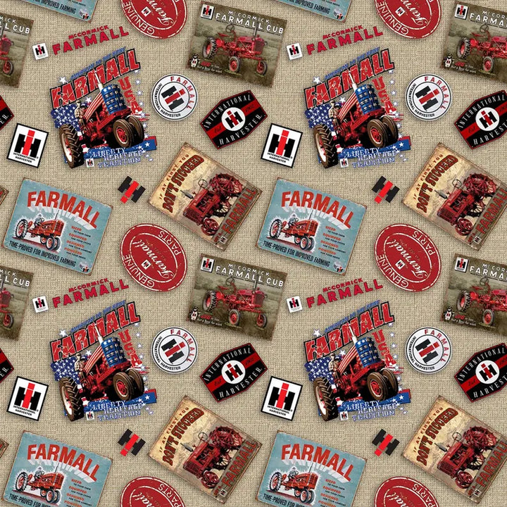 Farmall Tractor Postcard Fabric 1/2 yard, Neutral Vintage Red Tractor, Farm Tractor Bed Quilt Wall Hanging