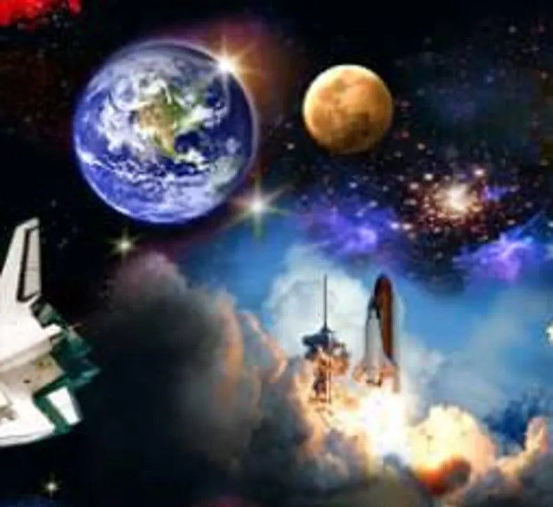 Astronauts Fabric 1/2 yard, Black Space # 1298E-BLK by Elizabeth Studios, Planets in Outer Space, Universe Planets bed gift quilt, wall