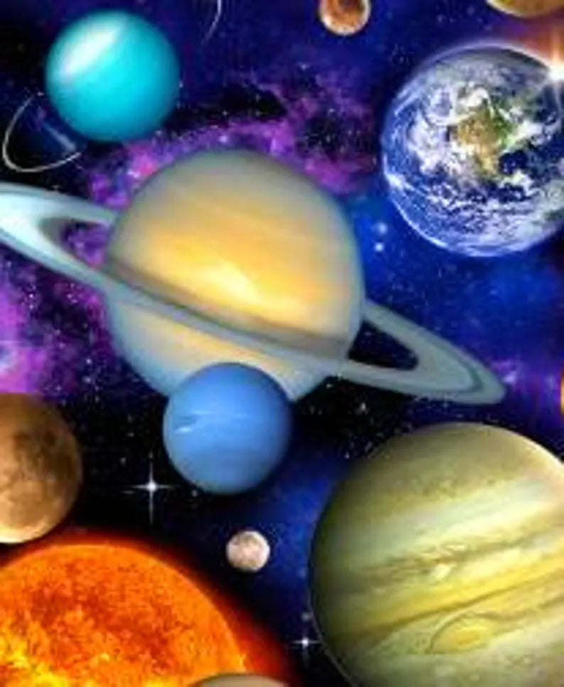 Planets Fabric 1/2 yard, Black Space # 1331E-BLK by Elizabeth Studios, Planets in Outer Space, Universe Planets bed gift quilt, wall