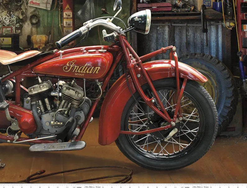 Scout Indian Motorcycle Fabric Panel 43x36", Motorcycle Quilt Wall Hanging, Motorcycle Fabric, Riley Blake Fabrics
