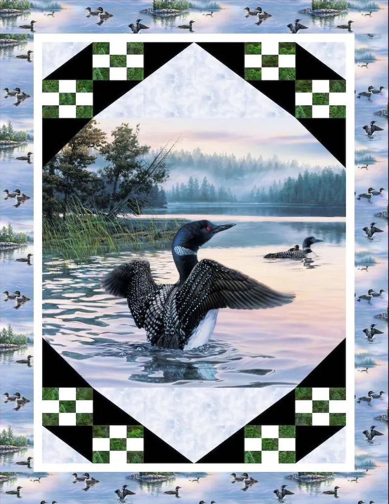 Loon Quilt Kit 46"x60", using Aurora fabrics from Elizabeth Studios, Nature Landscape Mother Loon Baby Loon Lake Gift Bed Quilt