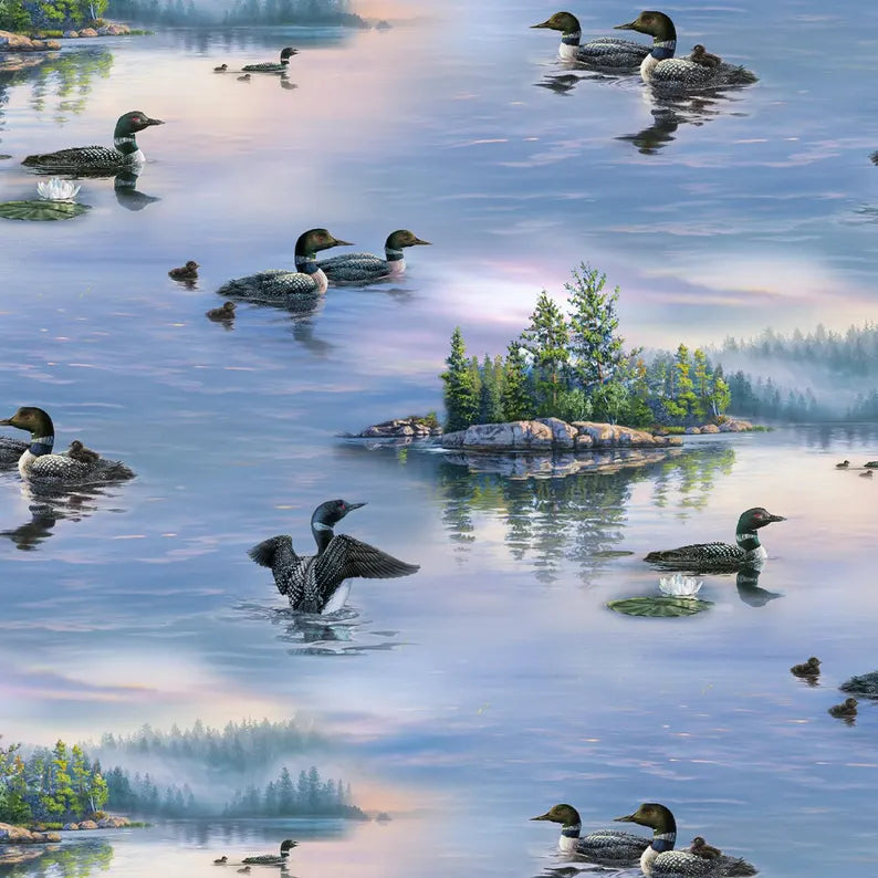 Loon Quilt Kit 46"x60", using Aurora fabrics from Elizabeth Studios, Nature Landscape Mother Loon Baby Loon Lake Gift Bed Quilt