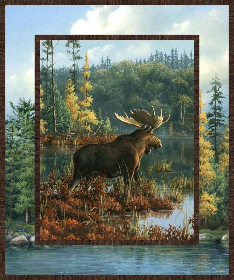 Northwood Moose Quilt Kit 76"x82", using fabrics from Northcott, Nature Landscape Moose Forest Outdoors Log Cabin Gift Queen Bed Quilt