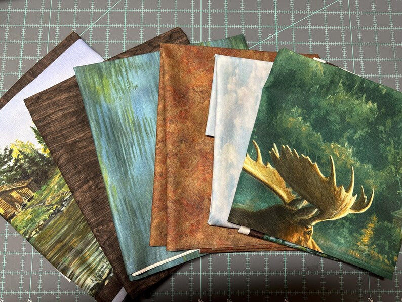 Northwood Moose Quilt Kit 76"x82", using fabrics from Northcott, Nature Landscape Moose Forest Outdoors Log Cabin Gift Queen Bed Quilt