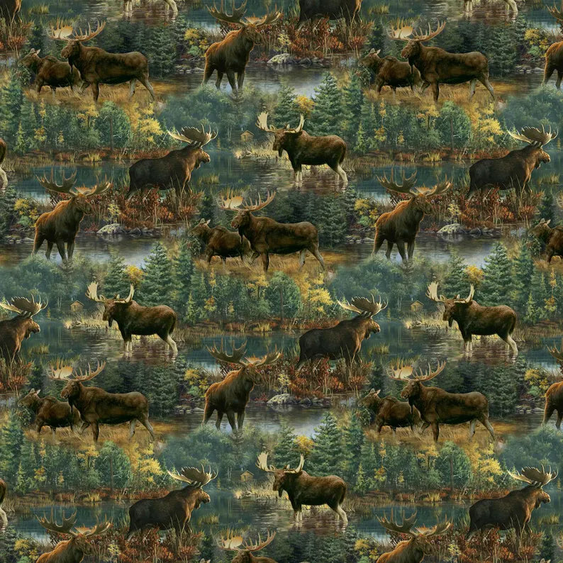 Moose Northwood Fabric 1/2 yard, DP27543-78 Northwoods by Northcott 100% Cotton Quilting Fabric Moose Bed Quilt Wall Hanging