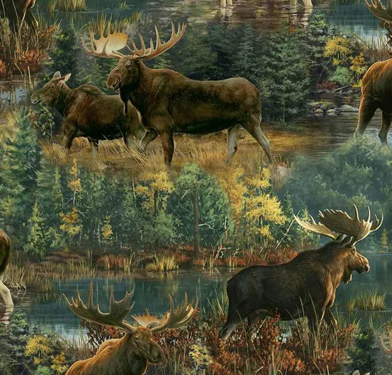 Moose Northwood Fabric 1/2 yard, DP27543-78 Northwoods by Northcott 100% Cotton Quilting Fabric Moose Bed Quilt Wall Hanging