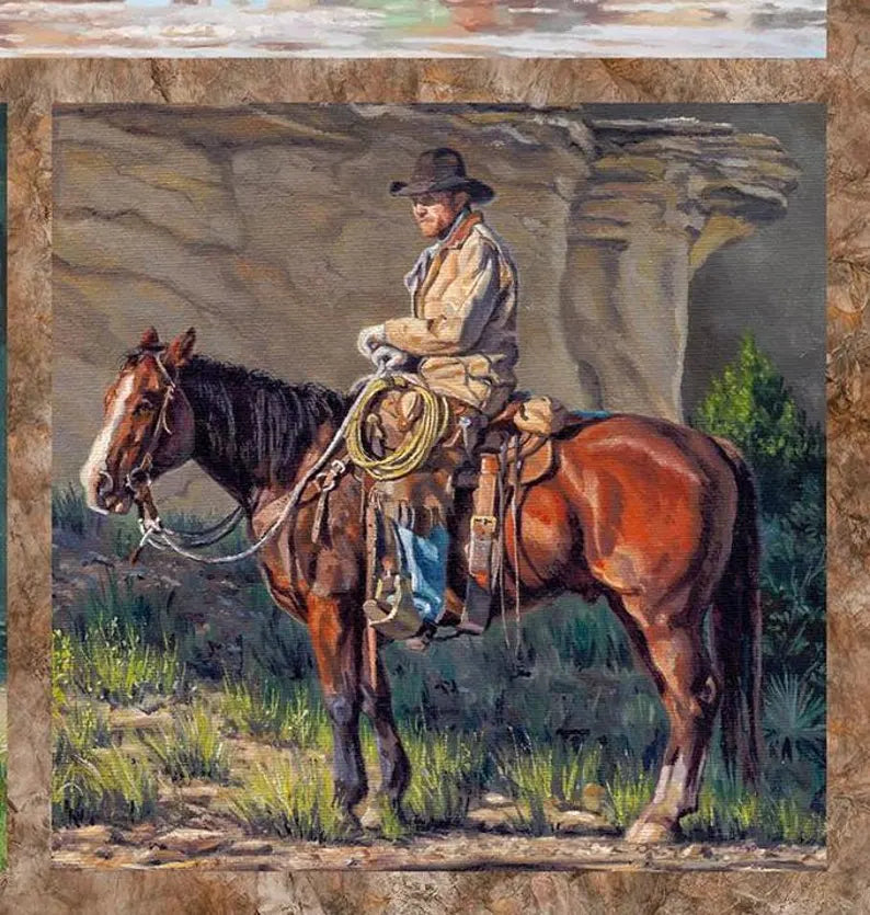 Horse Fabric Panel 28"x43", DP26975-44 Hidden Valley by Northcott, Horse Roundup Bed Gift Quilt Tractor Horses Cows Stream Quilt Block