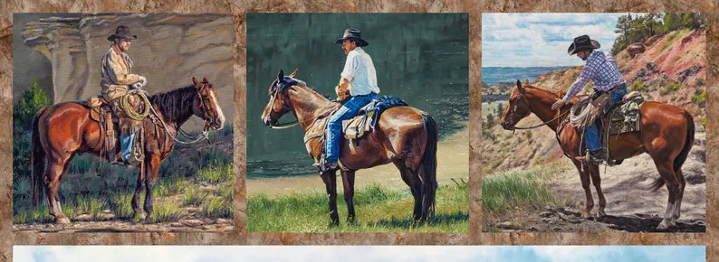 Horse Fabric Panel 28"x43", DP26975-44 Hidden Valley by Northcott, Horse Roundup Bed Gift Quilt Tractor Horses Cows Stream Quilt Block