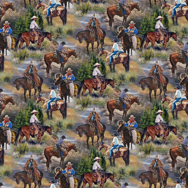 Horse Fabric 1/2 yard, DP26977-74 Hidden Valley by Northcott, Horse Roundup Bed Gift Quilt Tractor Horses Cows Stream Quilt Block