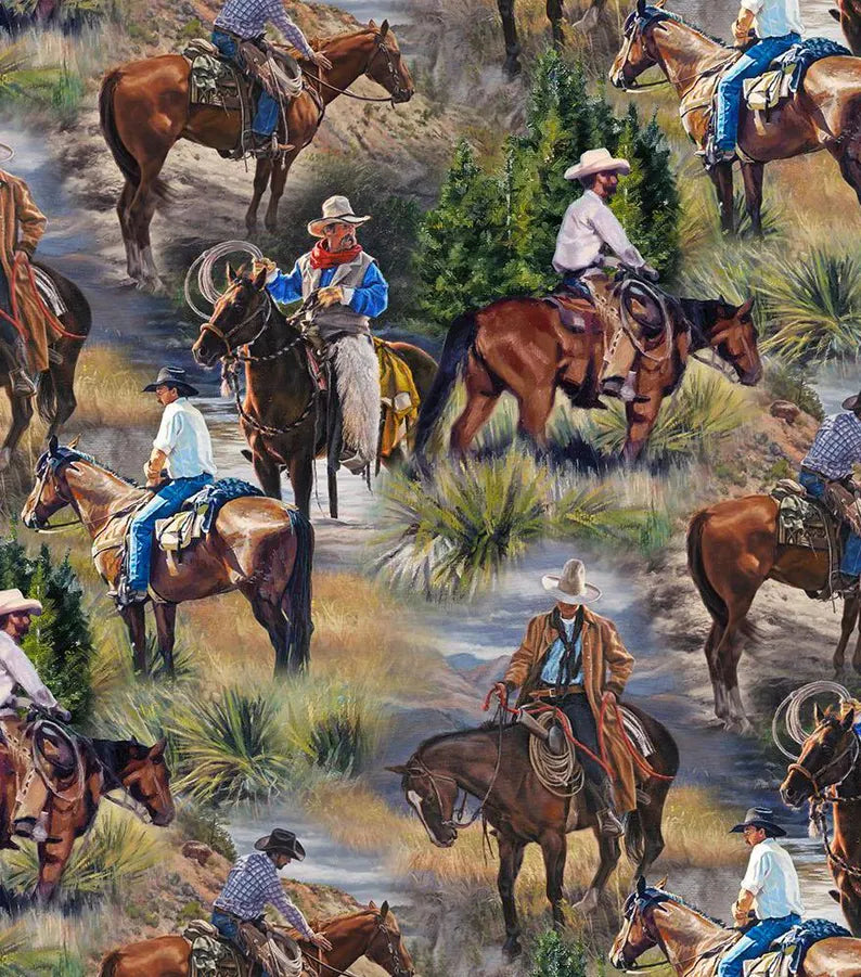 Horse Fabric 1/2 yard, DP26977-74 Hidden Valley by Northcott, Horse Roundup Bed Gift Quilt Tractor Horses Cows Stream Quilt Block