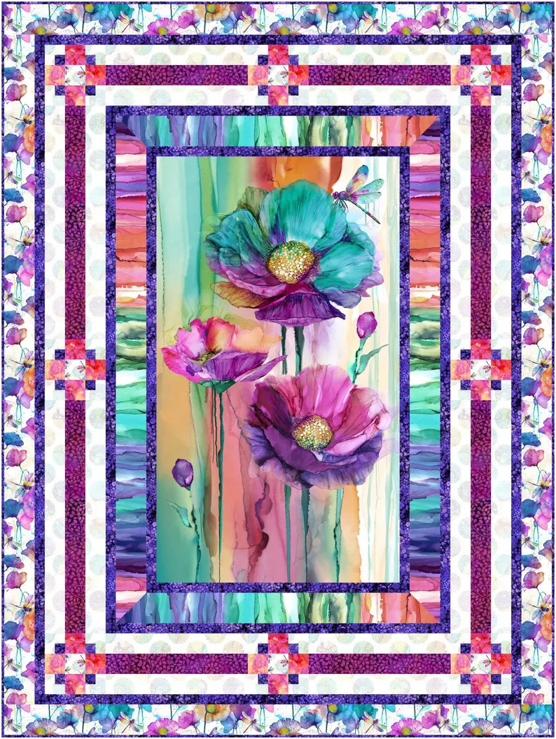 RARE Magenta Dragonfly Dance Quilt Kit 54x72", Northcott Fabrics, Floral Gift Quilt Hanging Throw Flowers, Discontinued, Backing Available