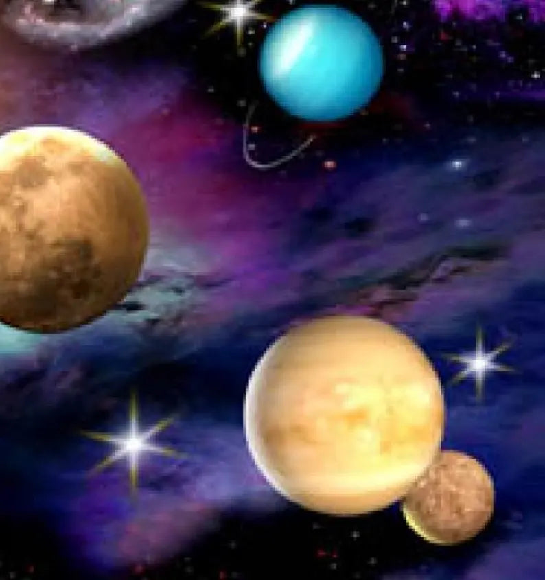 Planets Fabric 1/2 yard, Black Space # 1297E-BLKard by Elizabeth Studios, Planets in Outer Space, Universe Planets bed gift quilt, wall