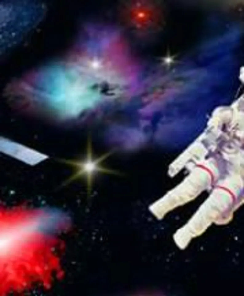 Astronauts Fabric 1/2 yard, Black Space # 1298E-BLK by Elizabeth Studios, Planets in Outer Space, Universe Planets bed gift quilt, wall