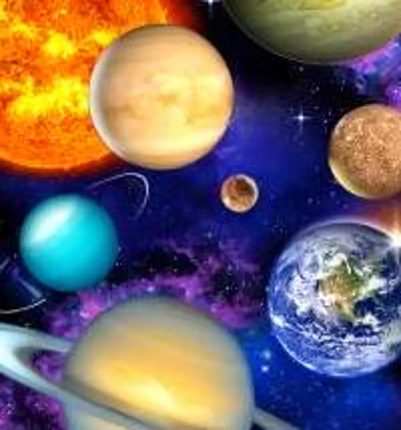 Planets Fabric 1/2 yard, Black Space # 1331E-BLK by Elizabeth Studios, Planets in Outer Space, Universe Planets bed gift quilt, wall