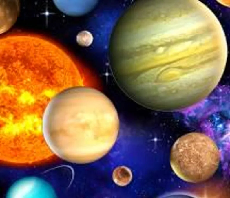 Planets Fabric 1/2 yard, Black Space # 1331E-BLK by Elizabeth Studios, Planets in Outer Space, Universe Planets bed gift quilt, wall