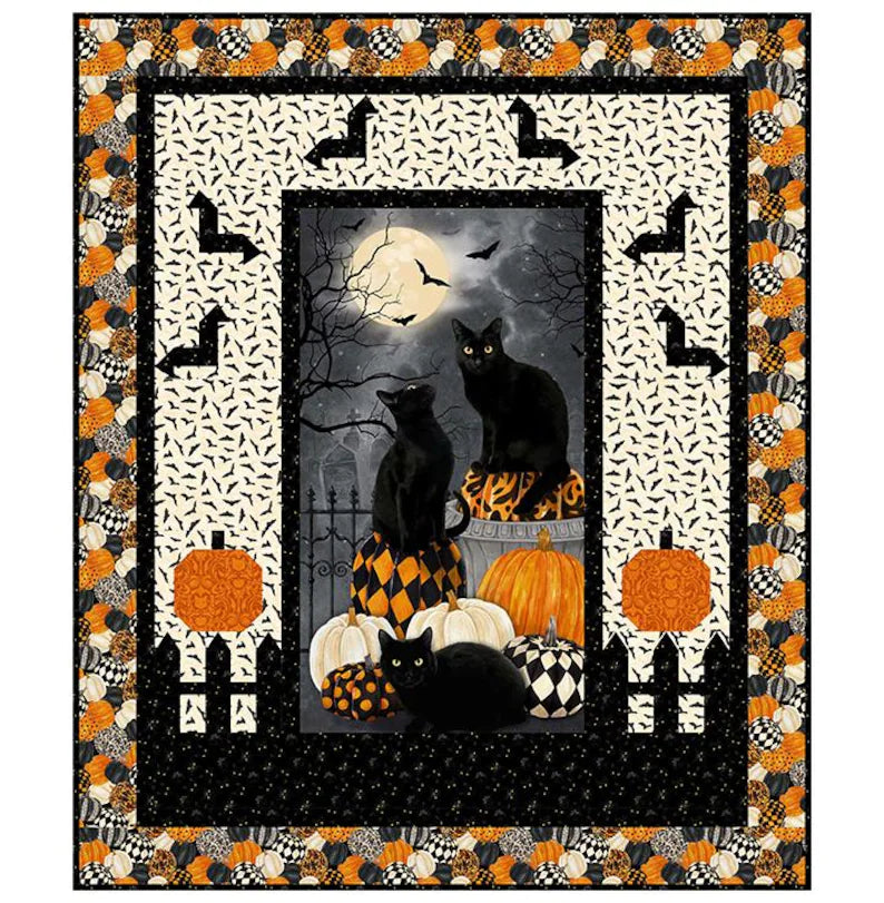 Quilt Kit 58"x68", Hallow's Eve fabrics by Northcott fabrics Bed Gift Quilt Black Cats Pumpkins Spooky Halloween Bats