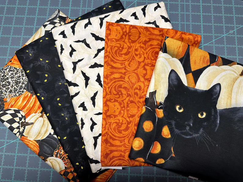 Quilt Kit 58"x68", Hallow's Eve fabrics by Northcott fabrics Bed Gift Quilt Black Cats Pumpkins Spooky Halloween Bats