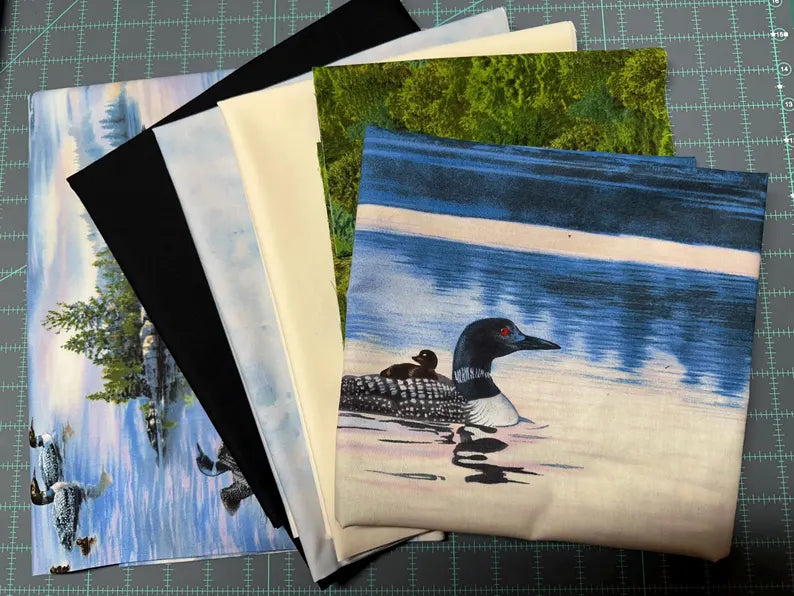 Loon Quilt Kit 46"x60", using Aurora fabrics from Elizabeth Studios, Nature Landscape Mother Loon Baby Loon Lake Gift Bed Quilt
