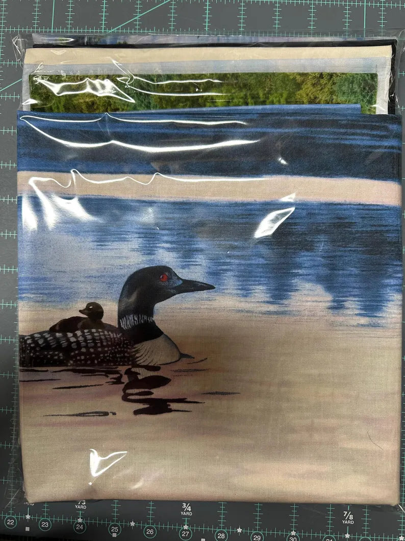 Loon Quilt Kit 46"x60", using Aurora fabrics from Elizabeth Studios, Nature Landscape Mother Loon Baby Loon Lake Gift Bed Quilt