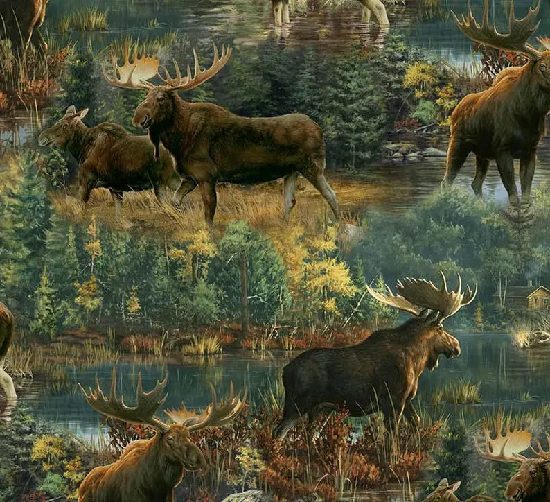 Moose Northwood Fabric 1/2 yard, DP27543-78 Northwoods by Northcott 100% Cotton Quilting Fabric Moose Bed Quilt Wall Hanging