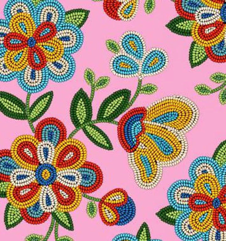 Native Beadwork Fabric 1/2 Yard, 449-Pink by Elizabeth's Studio, Indigenous Quilt Blanket Wall Hanging Table Runner Placemat Ribbon Skirt