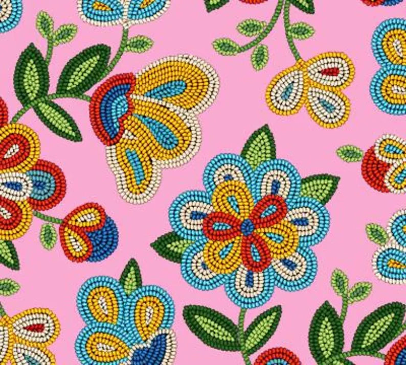 Native Beadwork Fabric 1/2 Yard, 449-Pink by Elizabeth's Studio, Indigenous Quilt Blanket Wall Hanging Table Runner Placemat Ribbon Skirt